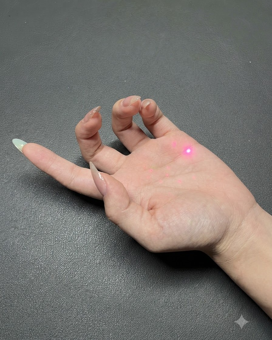 A hand showing translucent aurora shimmer top coat application over finished nails.