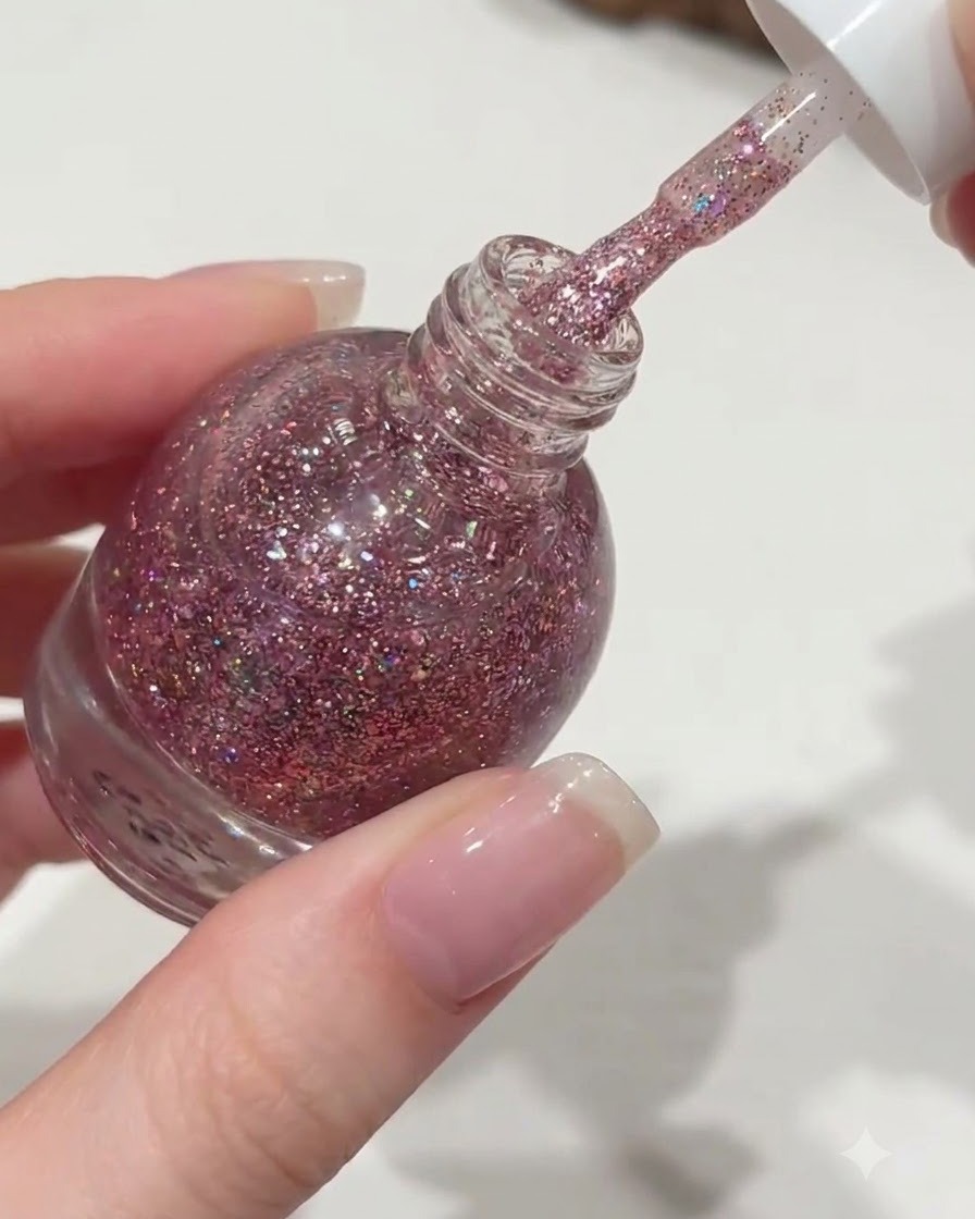 A hand unscrewing the white cap of an Orange nail polish bottle, lifting out a brush dripping with pink glitter gel.