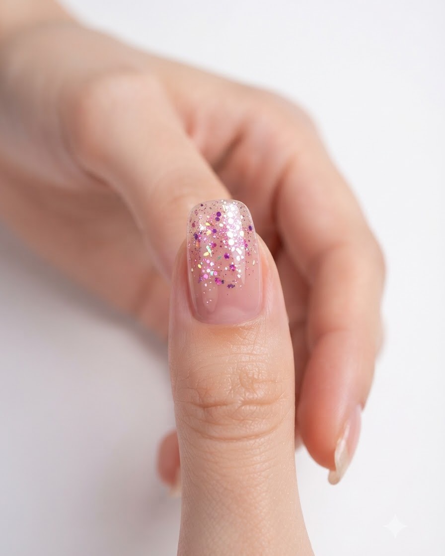 A close-up view of a fingernail with a smooth, evenly distributed layer of pink glitter gel.