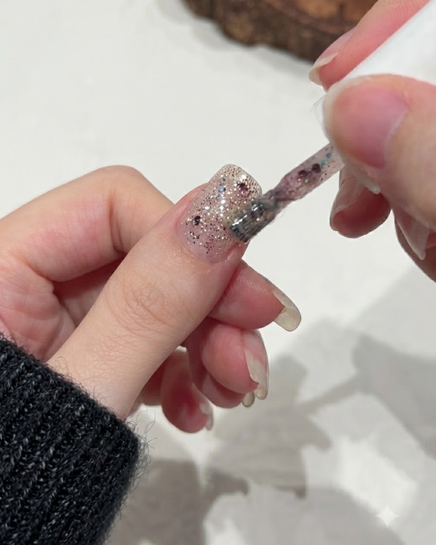 A brush applying a second coat of pink glitter gel over the pre-existing glitter layer on a nail.