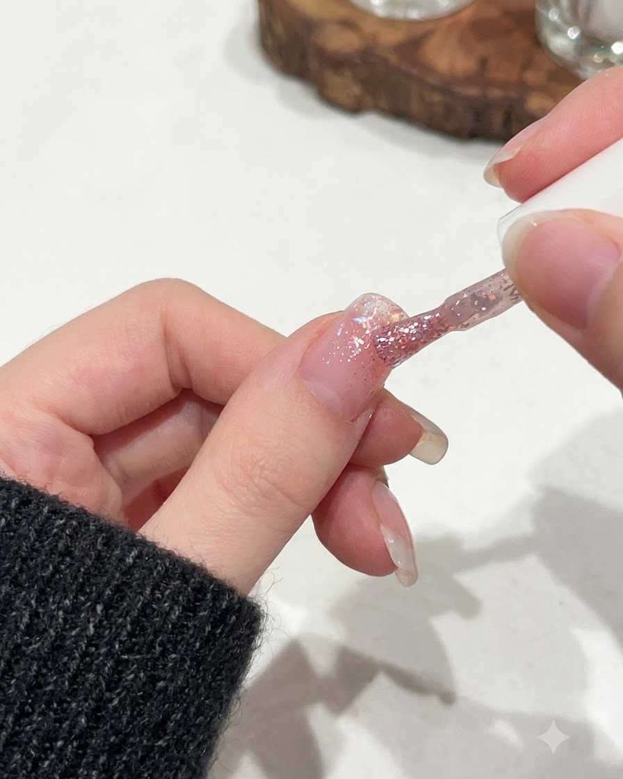 A close-up view of C62 gel being spread and leveled evenly across the nail plate.