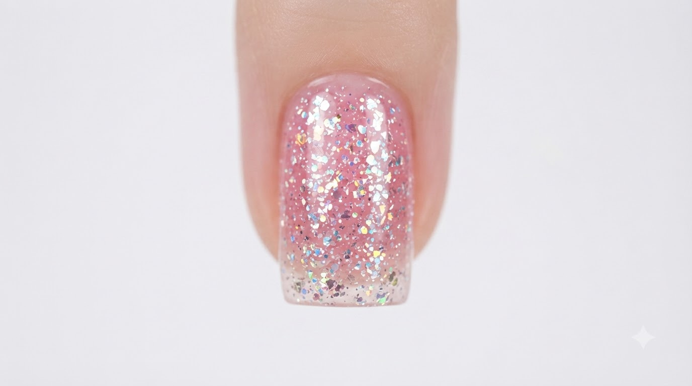 Close-up macro shot of a completed pink glitter gel nail showcasing holographic glitters and a shiny finish under studio lighting.