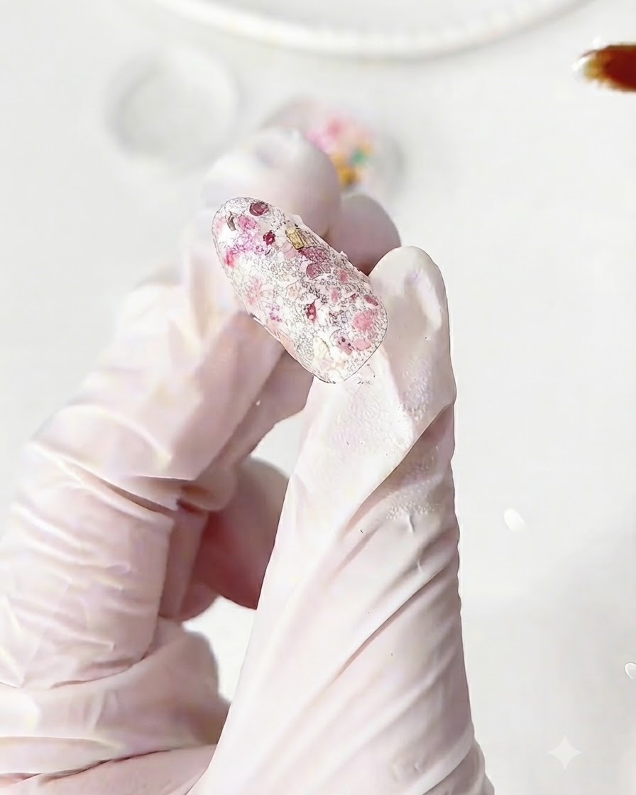 A decorated nail covered entirely with flower glitter flakes after placement.