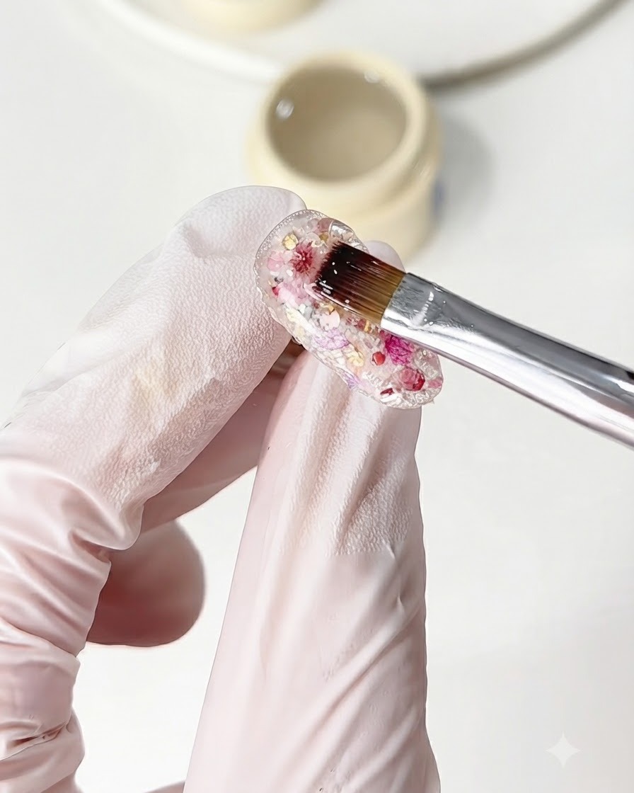 A brush applying building gel over the textured glitter and flower nail design.