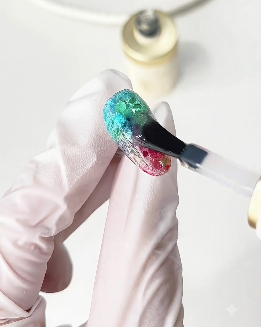 A brush applying a glossy top coat over a textured multi-color glass glitter nail design.