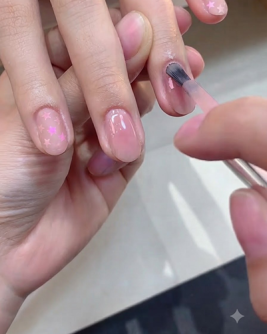A brush applying a second thin coat of pinkish nude color polish to a fingernail.