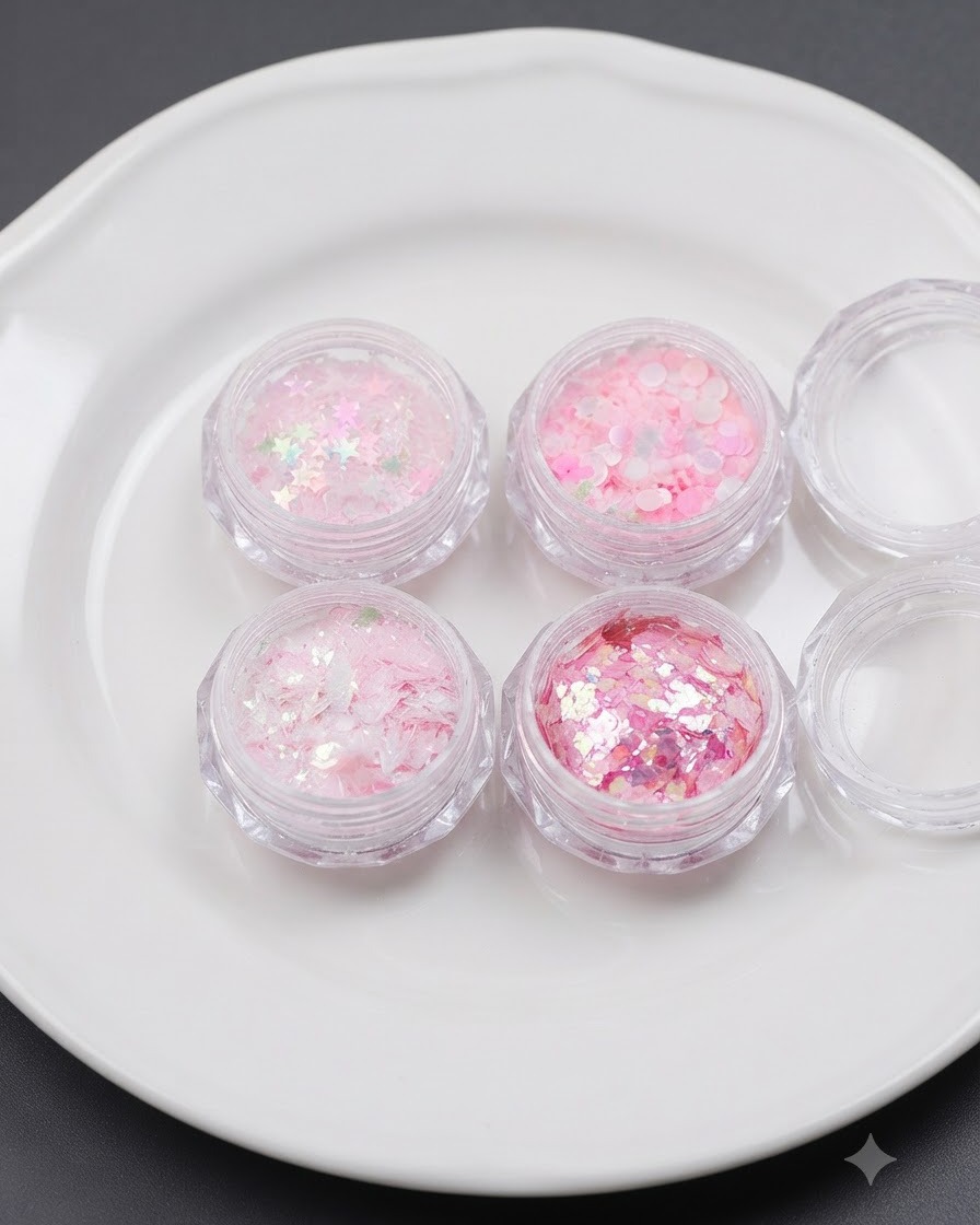 Four small jars filled with pink holographic star, heart, dot, and butterfly glitter pieces sitting on a white plate.