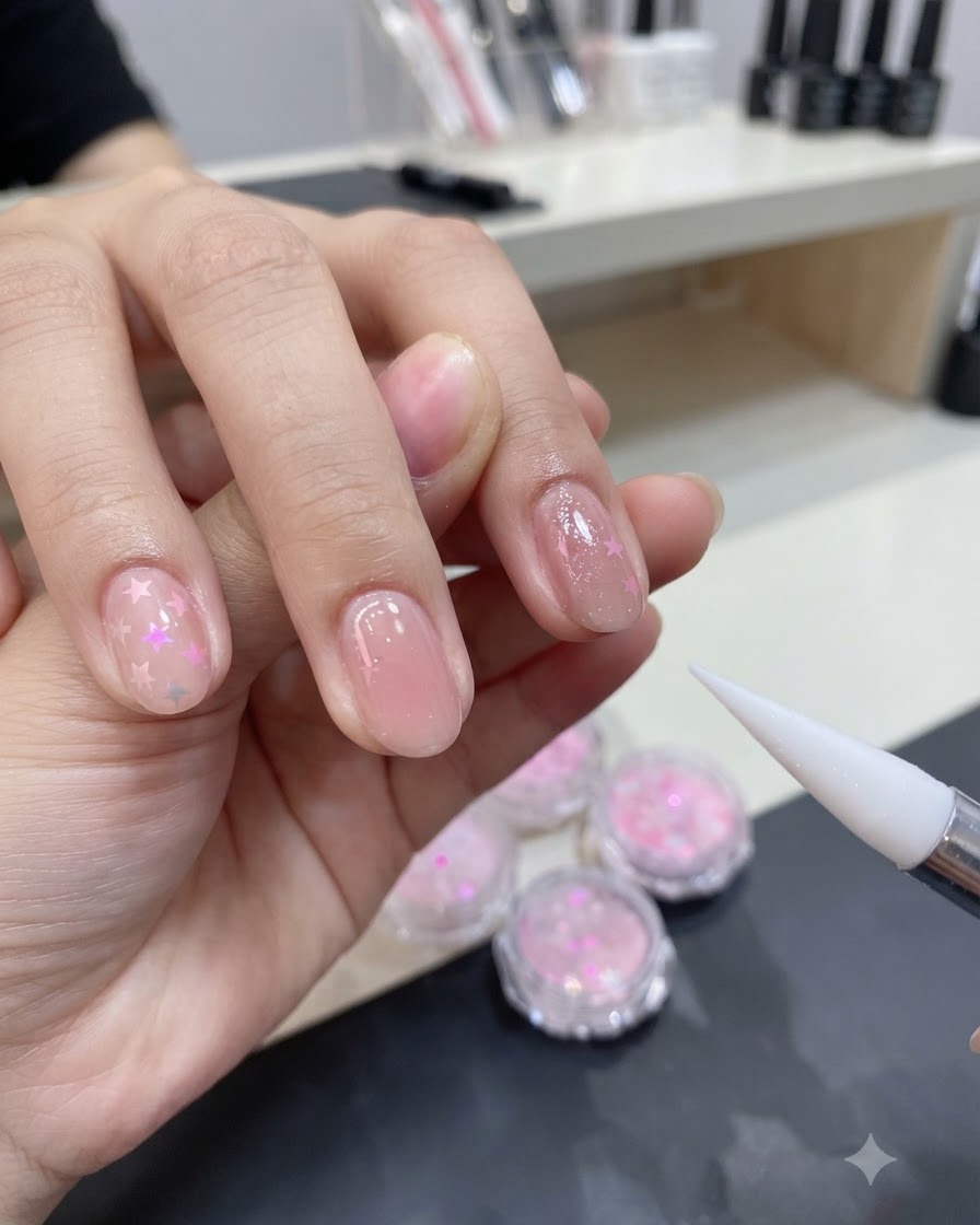 A detail brush applying a clear adhesive gel layer onto the prepped and polished nail surface.
