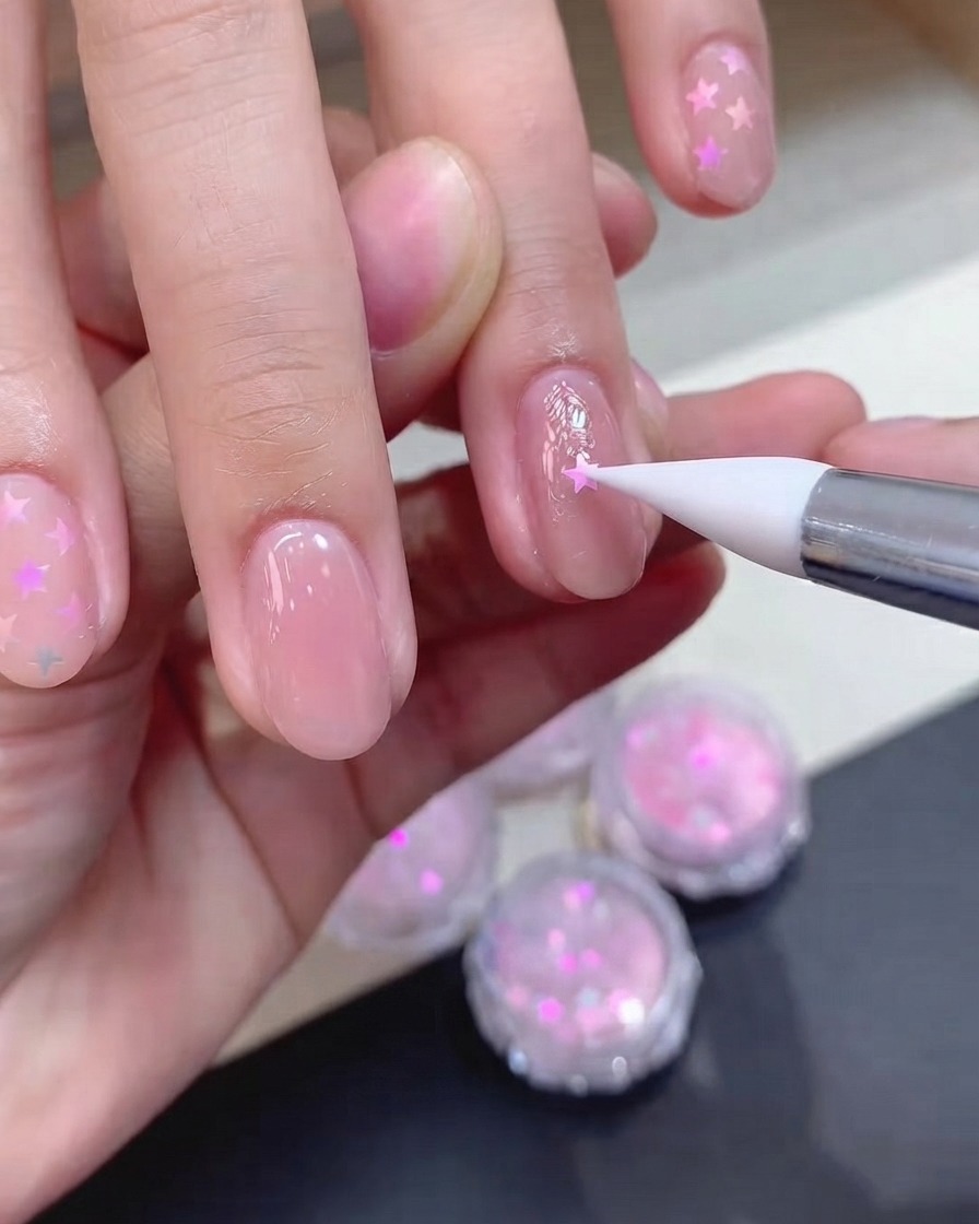 A silicone tool carefully placing a holographic pink star glitter piece onto a wet gel-coated fingernail.