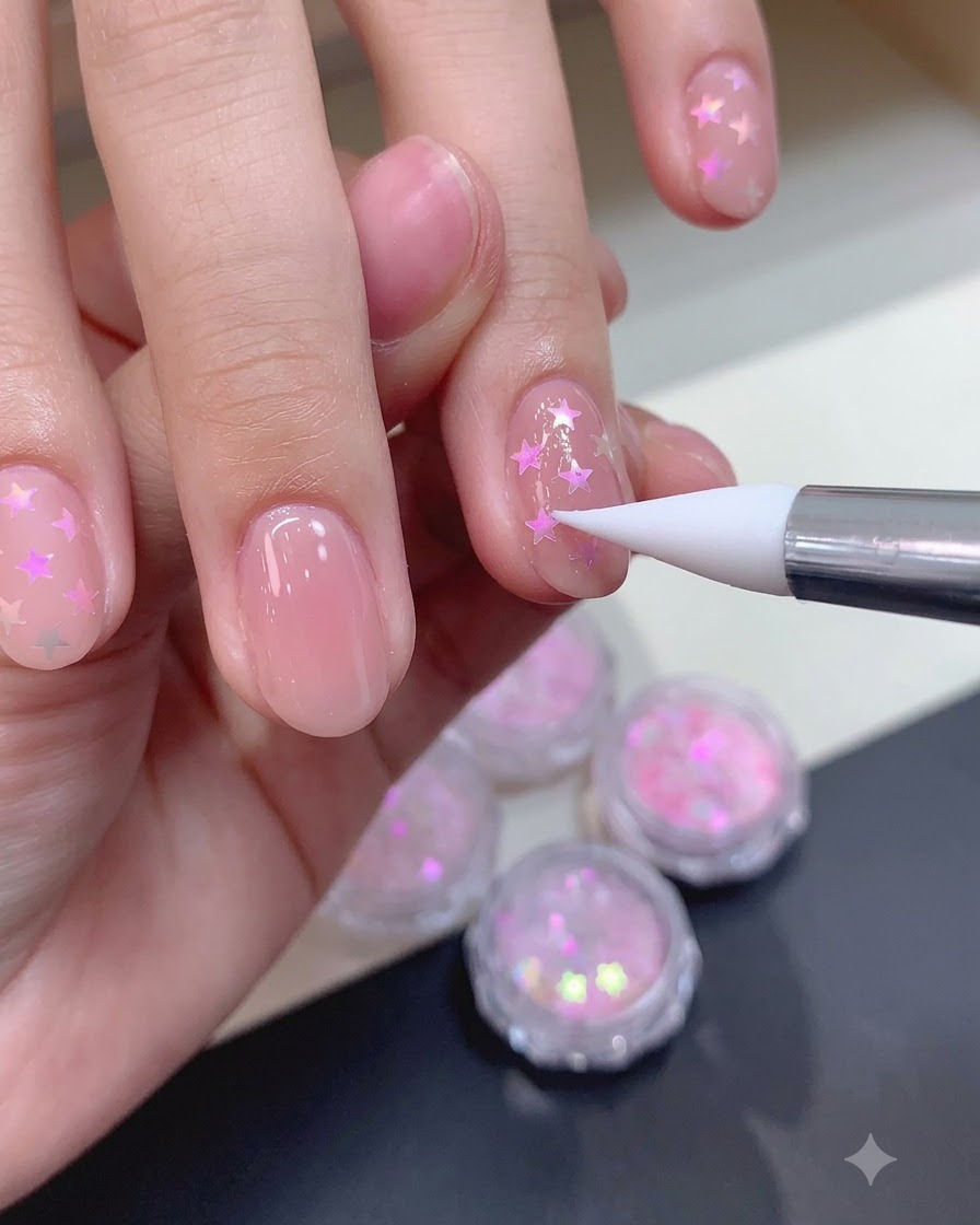 A silicone tool smoothing down curved star glitter pieces on a nude gel nail surface.