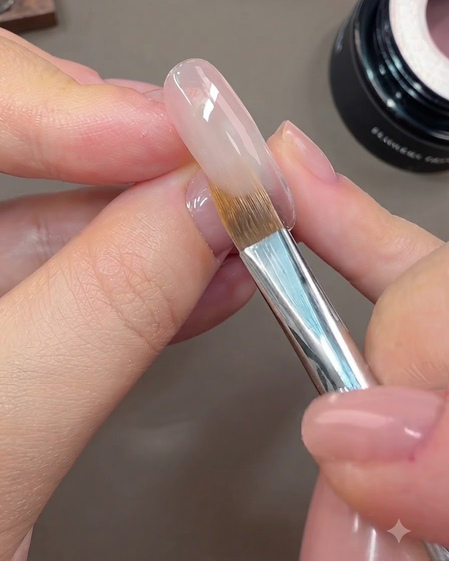 A sweeping brush blending the edge of the nude pink gel naturally across the nail surface.