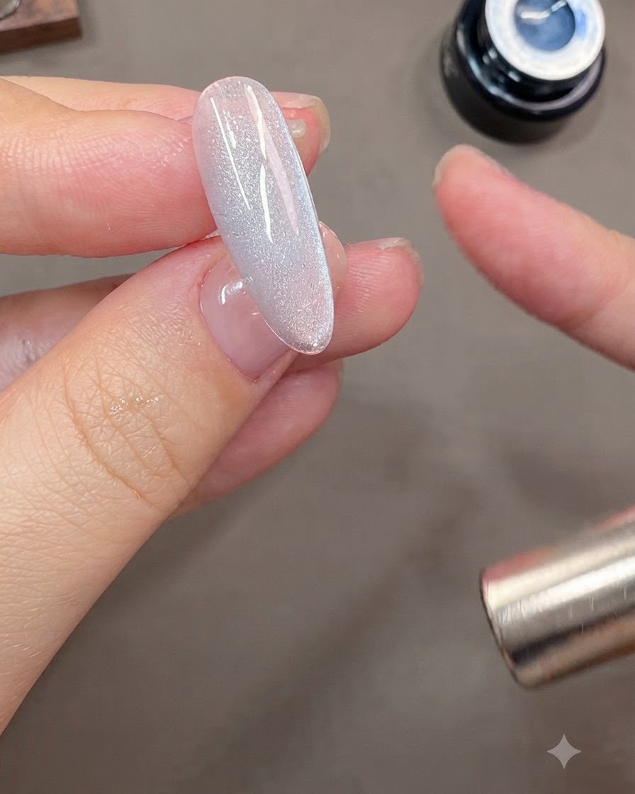A close-up view of a hand holding a magnetic wand next to a grey-blue cat-eye gel nail to shape a side light reflection.