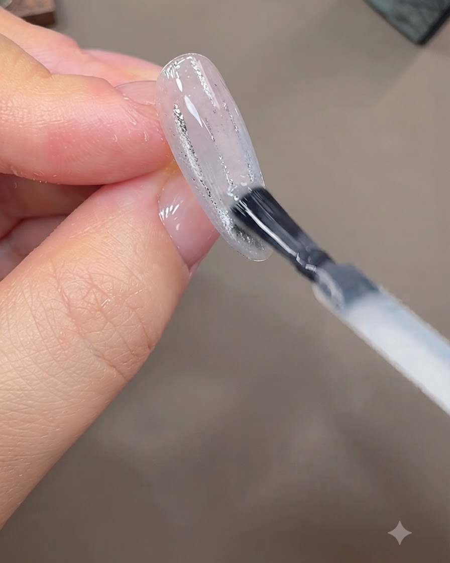 A brush applying a thin layer of clear builder gel onto a decorated nail surface.
