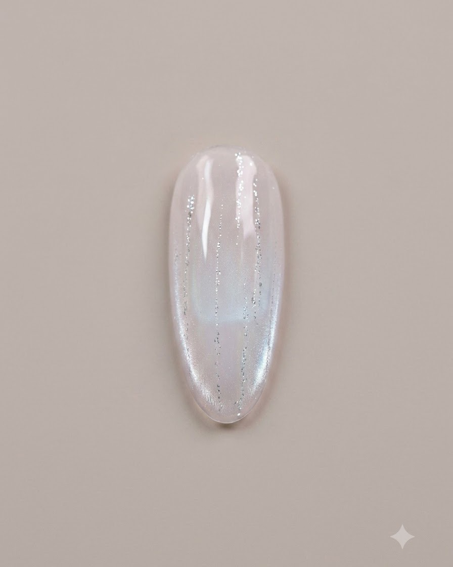 An overhead flat-lay view of a gel nail featuring scattered star glitter pieces embedded in an uncured gel surface.