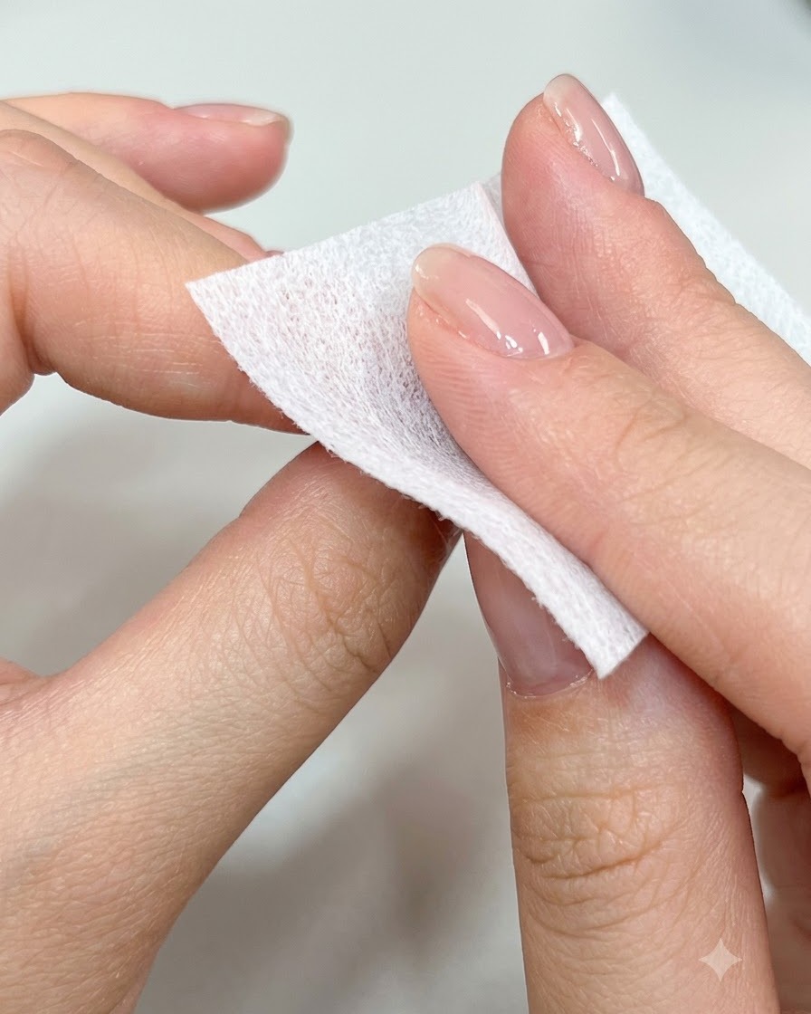 A hand using a cleanser pad to wipe down a glossy manicured nail surface.