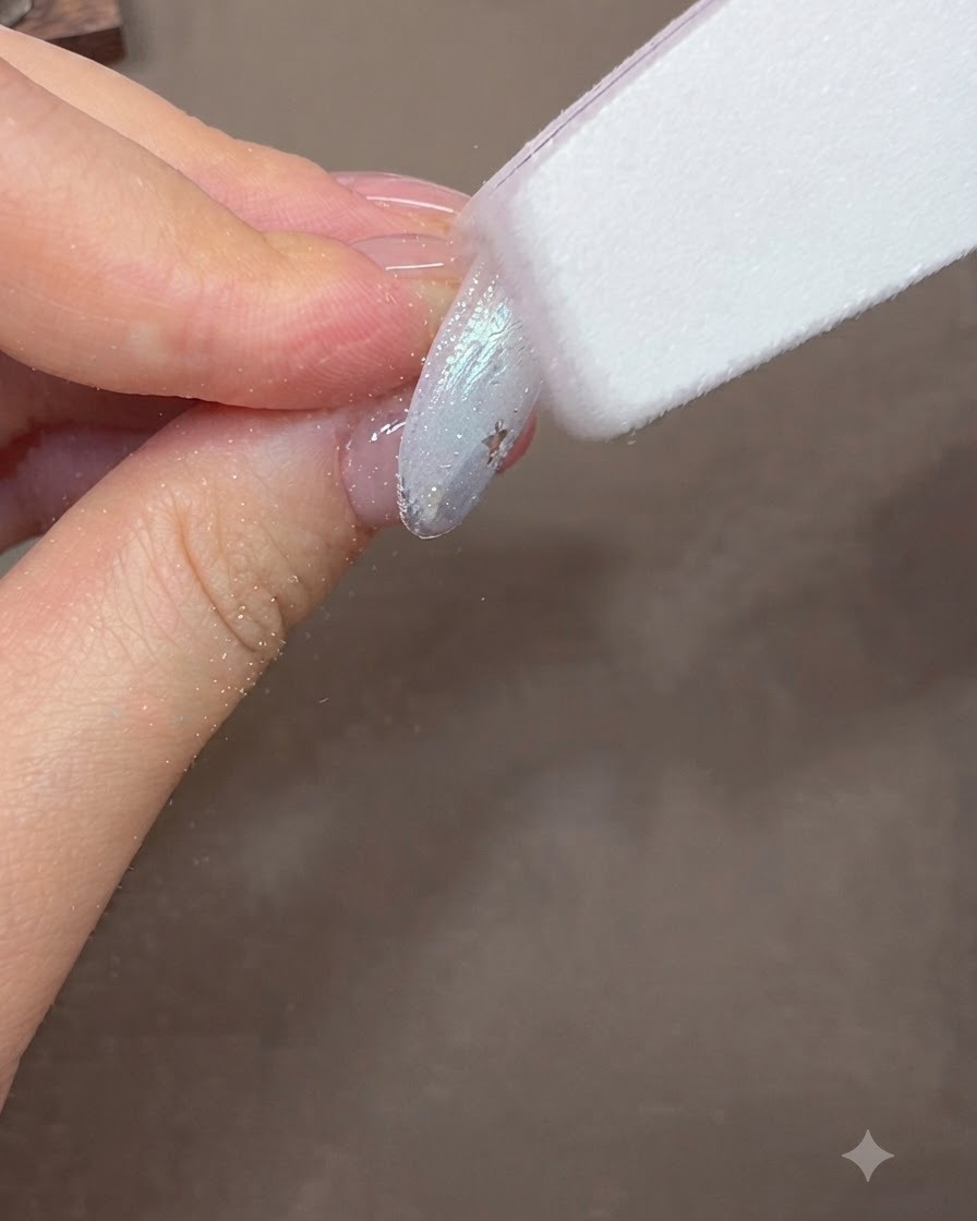 A nail file shaping and smoothing the surface of a finished gel nail.