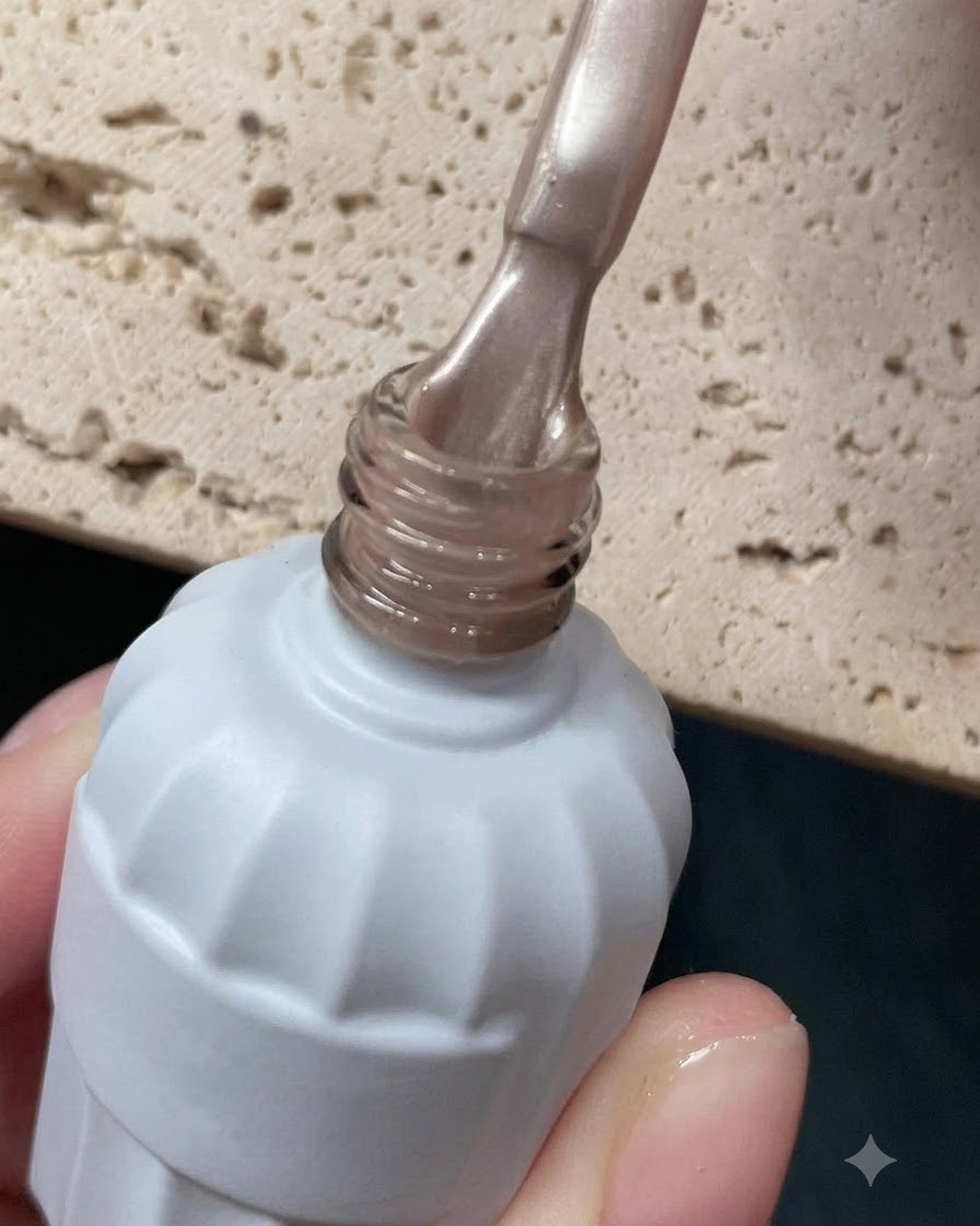 A close-up shot of a white gel polish bottle being opened, revealing the brush applicator.