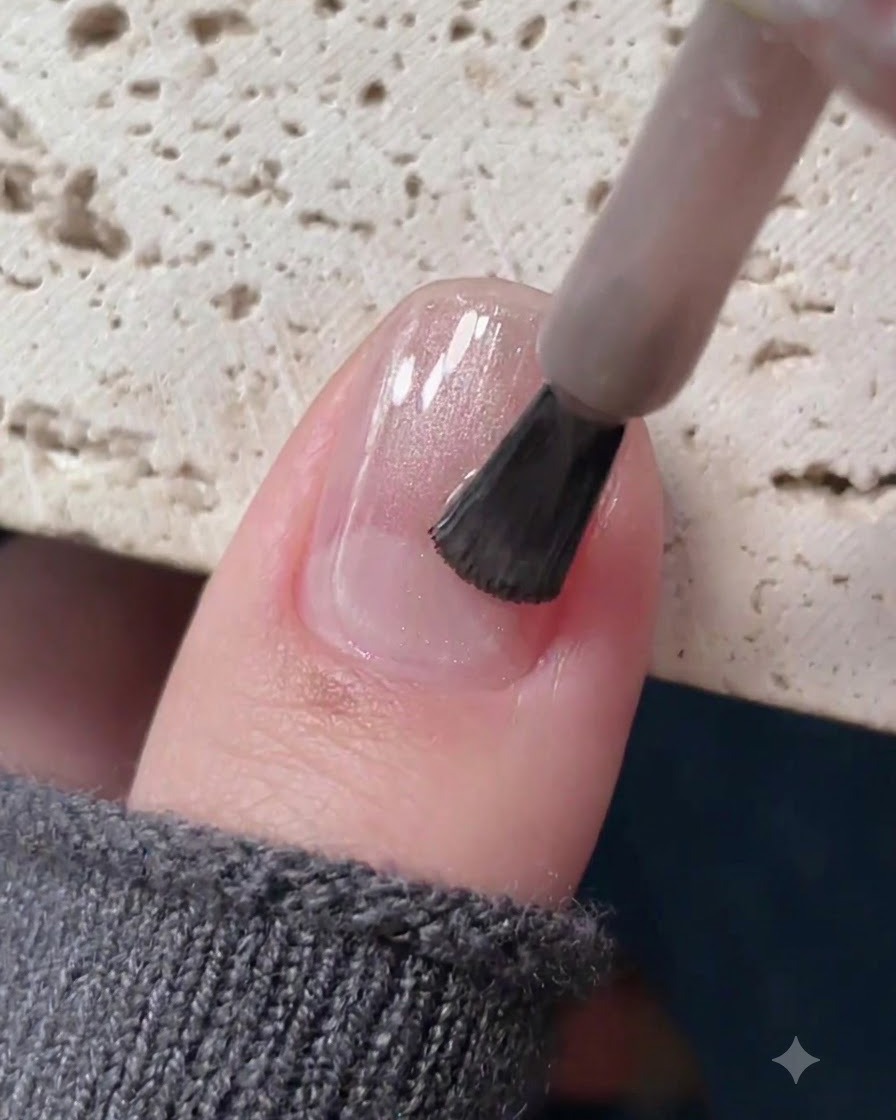 A nail brush applying transparent light champagne cat eye gel onto a prepped nail.