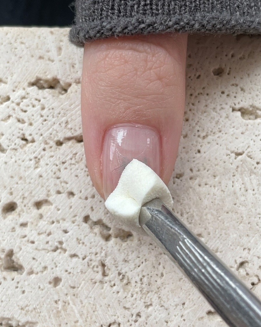 A hand placed under a purple UV/LED nail curing lamp.