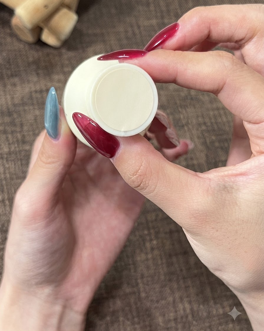 A close-up of hands holding a cream-colored gel polish bottle with decorative labels.