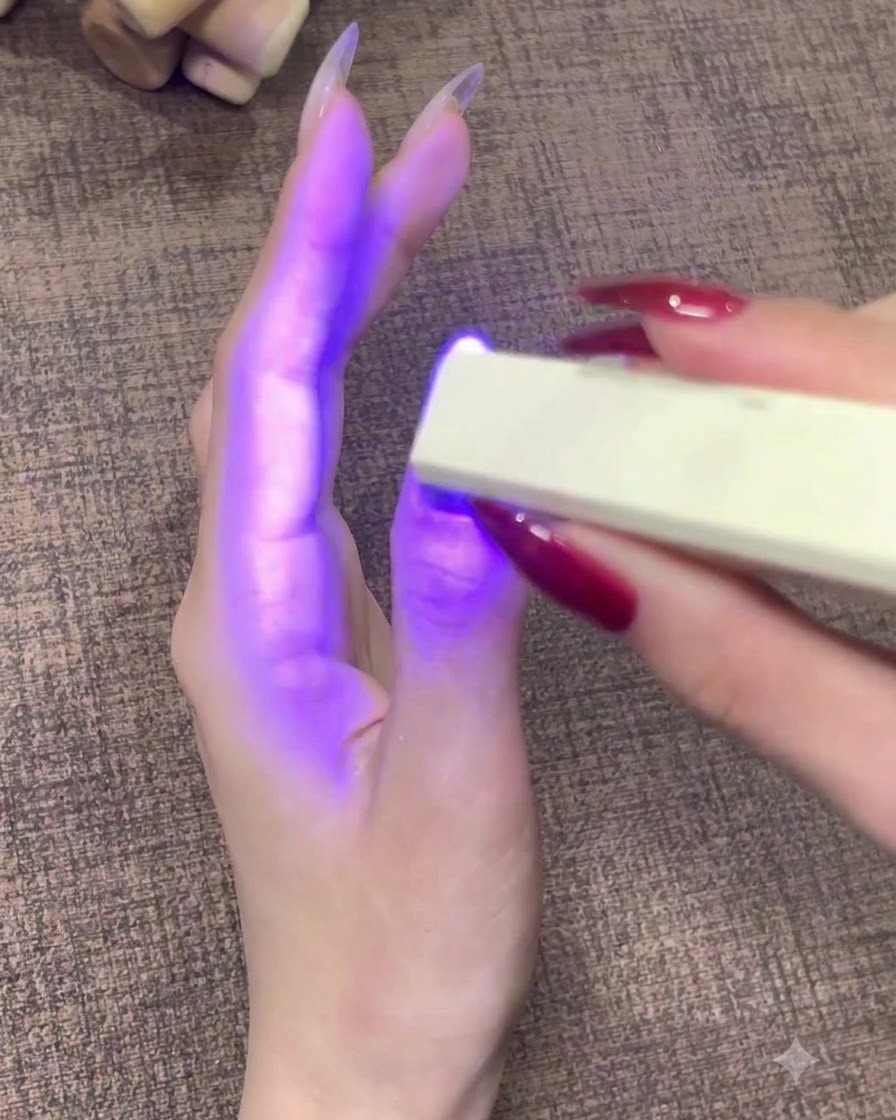 A portable UV LED nail lamp shining purple light over a finished thumb nail.