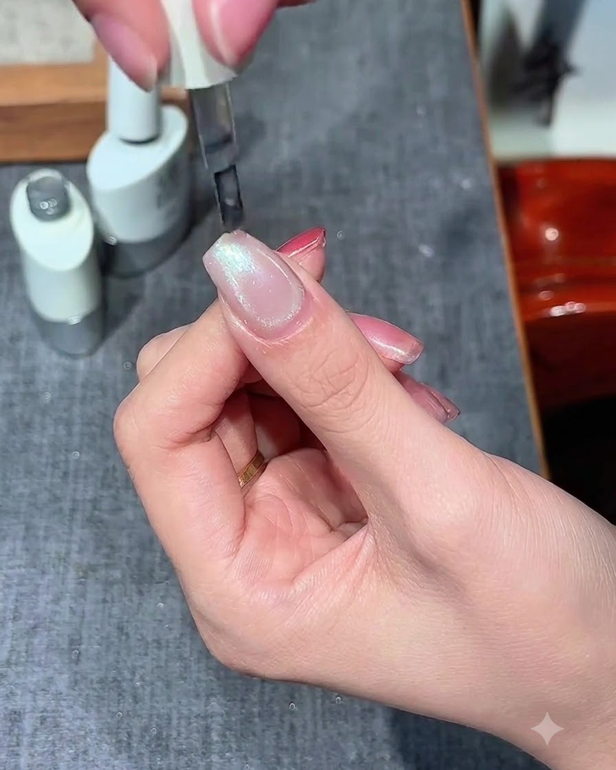 A brush applying a layer of clear cat eye gel over the cured nude base.