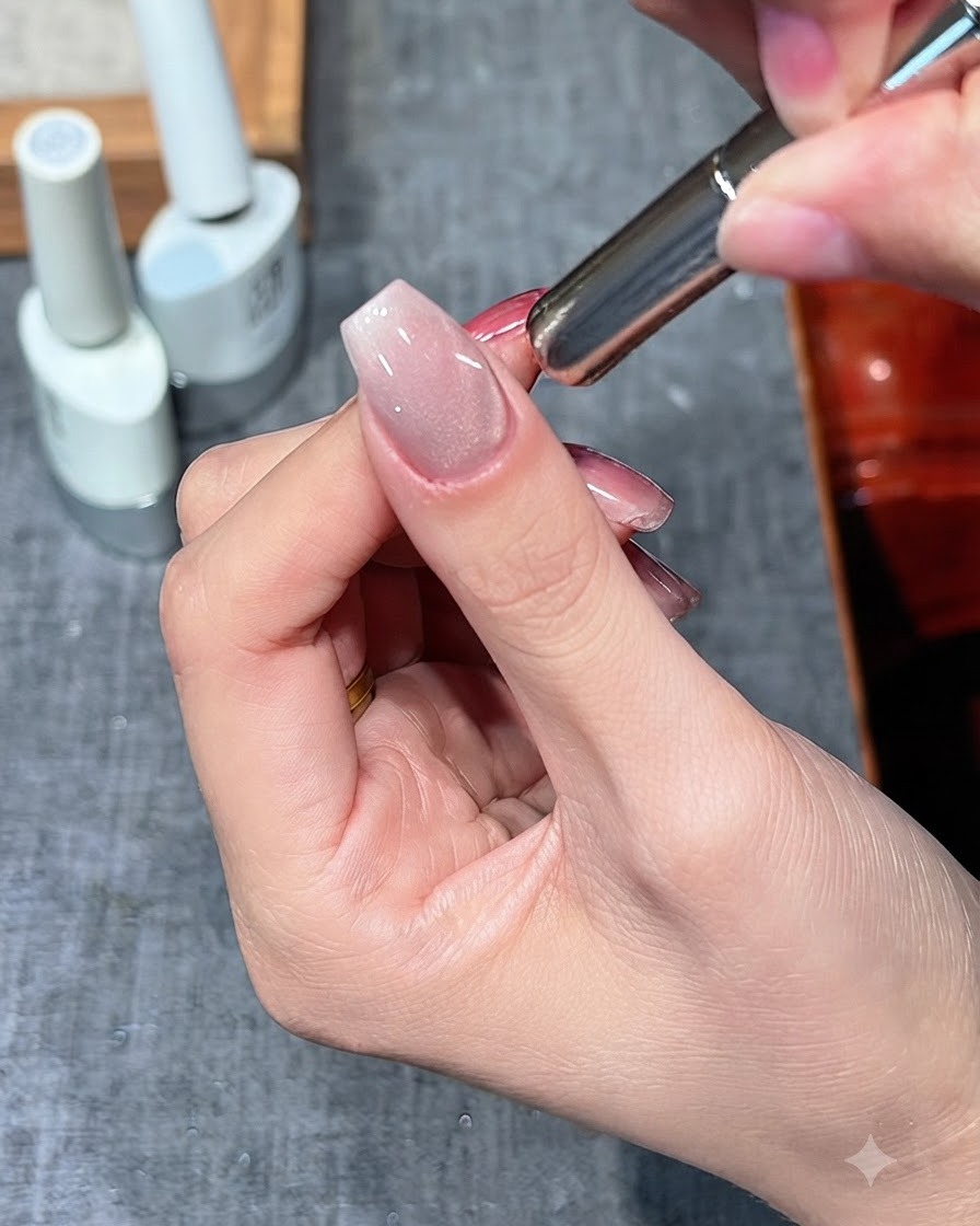 A magnetic stick held close to a nail to shift cat eye particles.