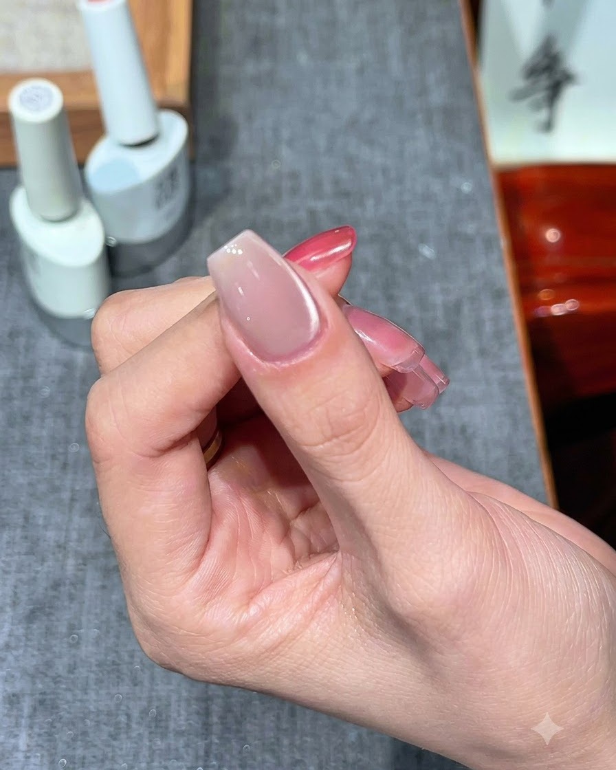 Nails curing under a UV/LED lamp after cat eye application.