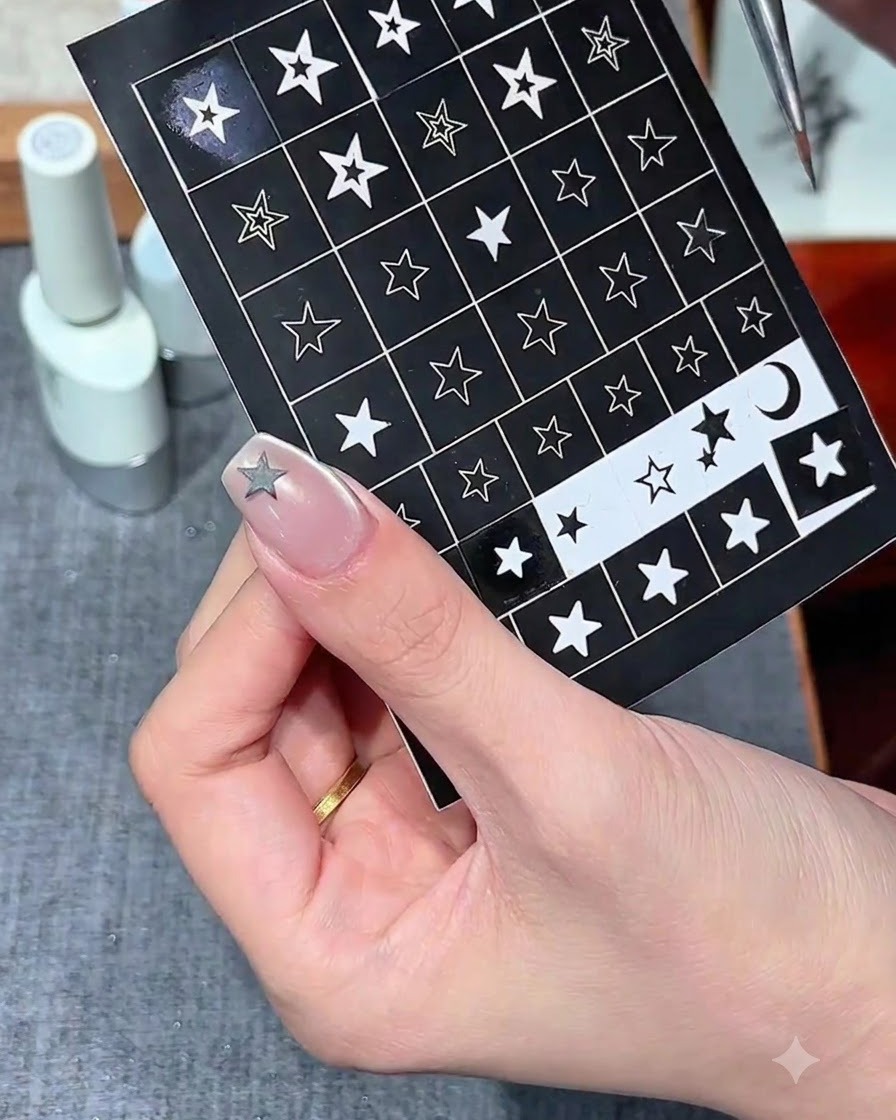 A pair of fine tweezers placing a silver star sticker onto the tip of a manicured finger.