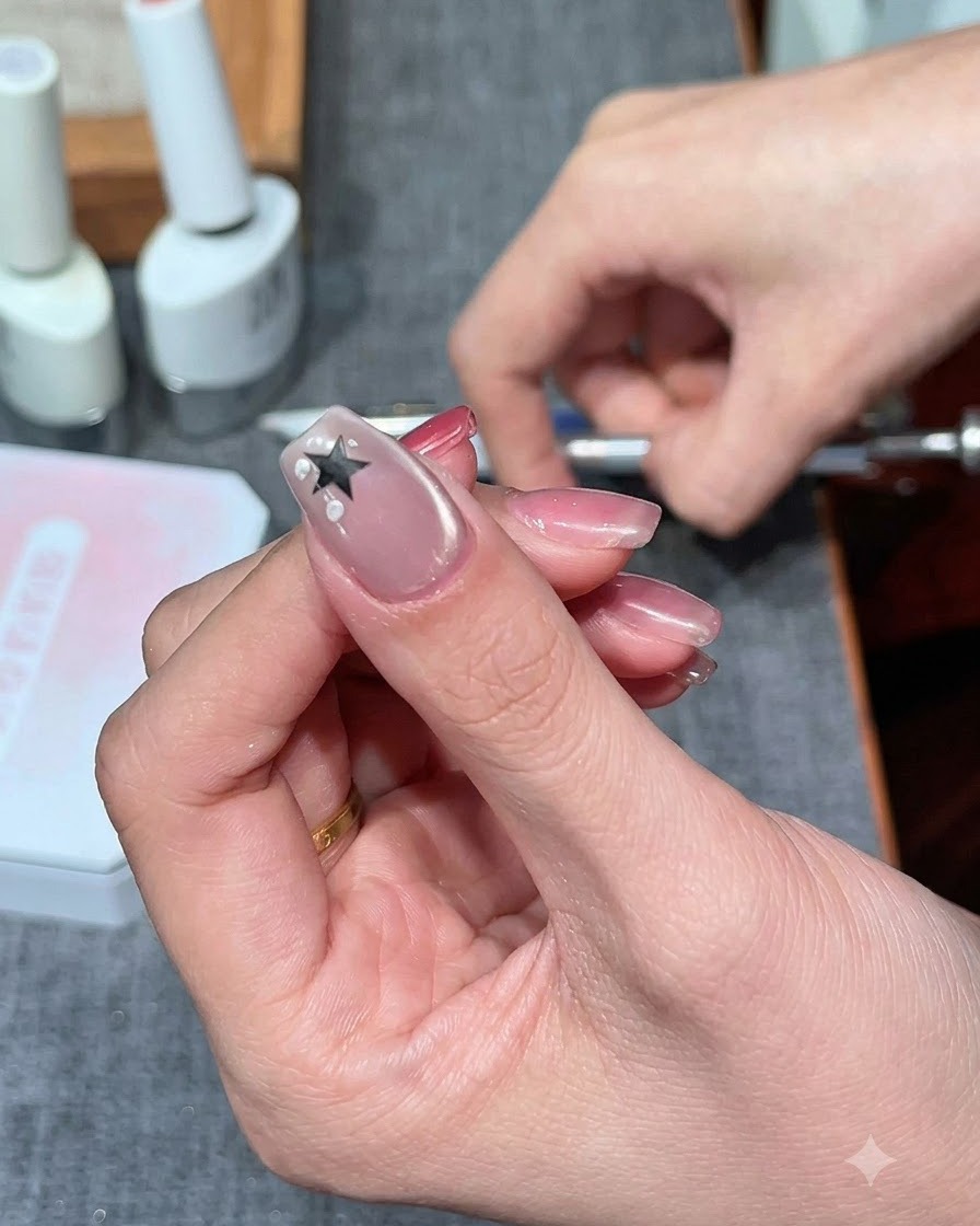 A lint-free sponge stamp dabbing milky white gel around a star sticker on a fingernail.