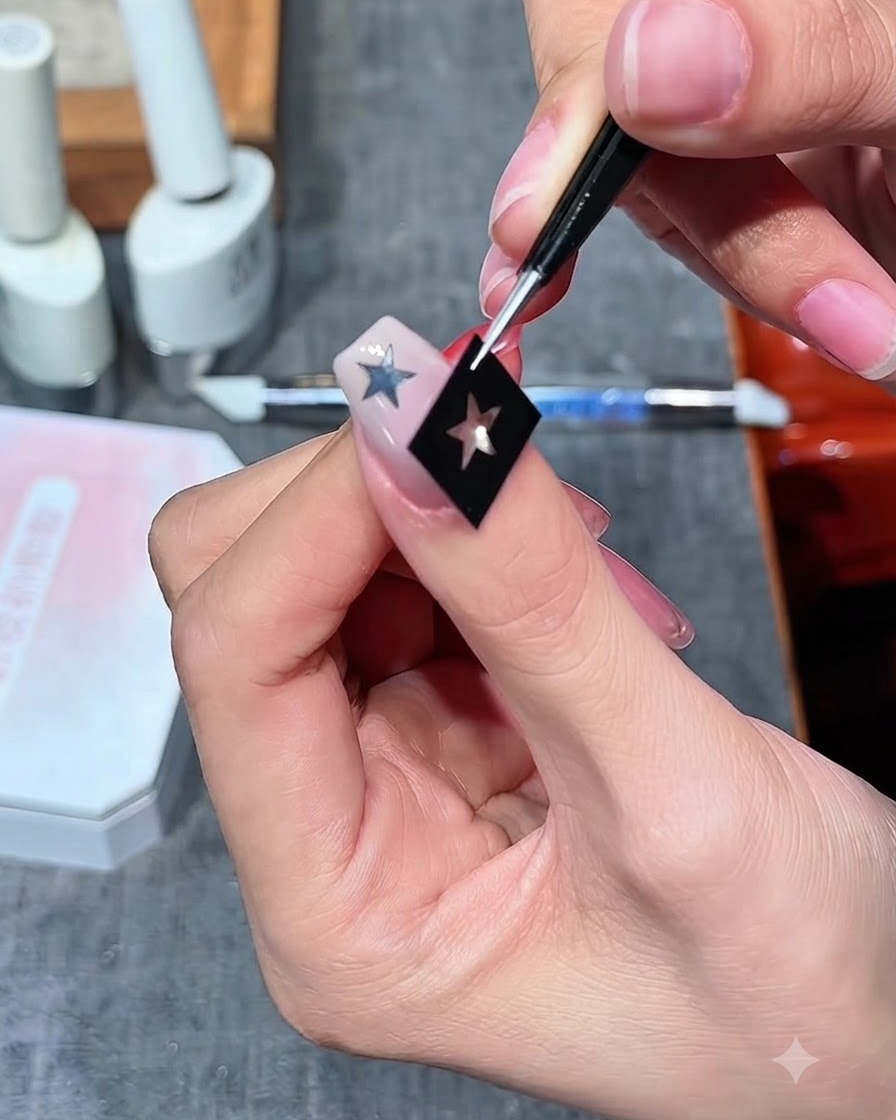 Fine tweezers placing a hollow star outline sticker next to the existing star on a fingernail.