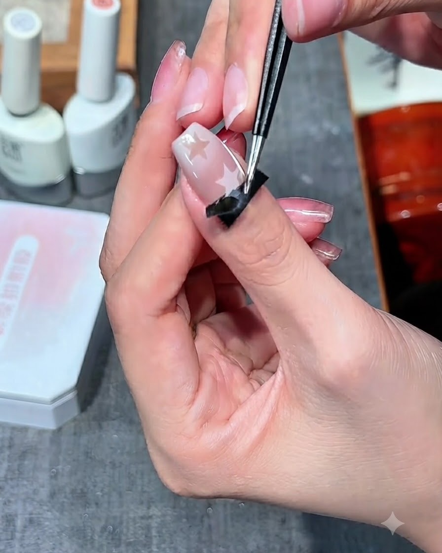 Fine tweezers carefully peeling off a black star sticker guide from a decorated fingernail.