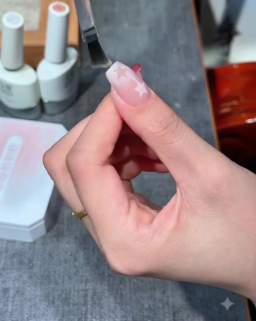 A nail brush applying a clear, glossy top coat over a star-patterned nail design.