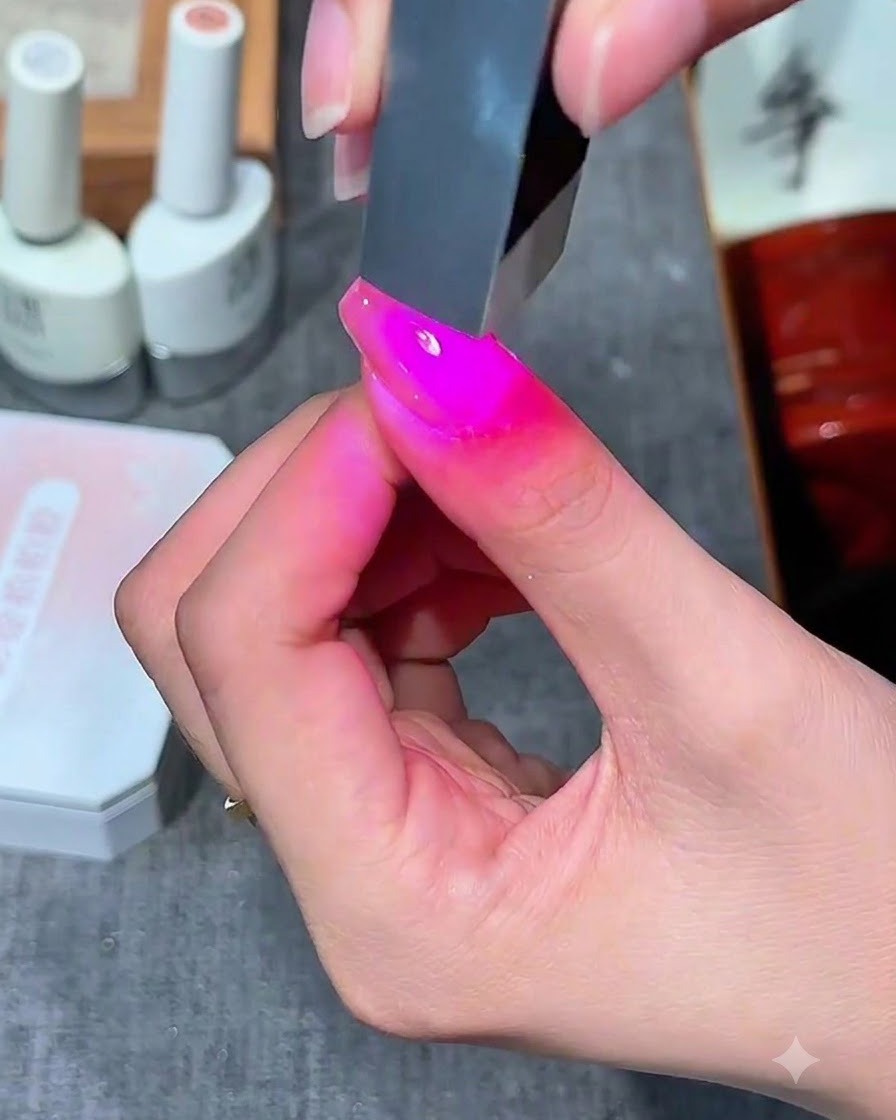 A fingernail illuminated by pink UV light inside a nail curing lamp.
