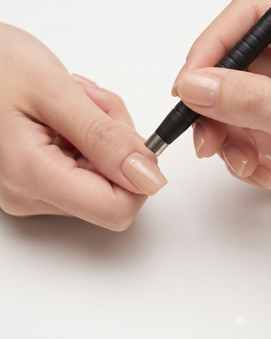 A black magnetic tool positioned precisely over a manicured nail to refine the cat eye reflection.