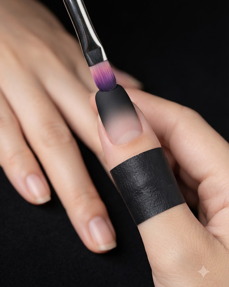 A sponge tool dabbing black gel polish onto the upper portion of a matte-finished nail.