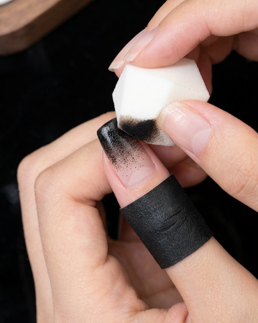 A close-up of a small sponge dabbing black gel onto the nail tip to intensify the ombre shading.