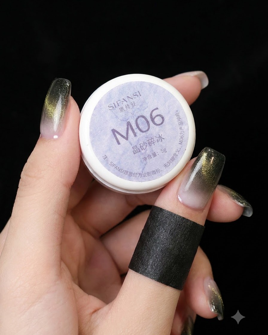 A brush applying sparkling crystal crushed ice cat eye gel onto the nail.