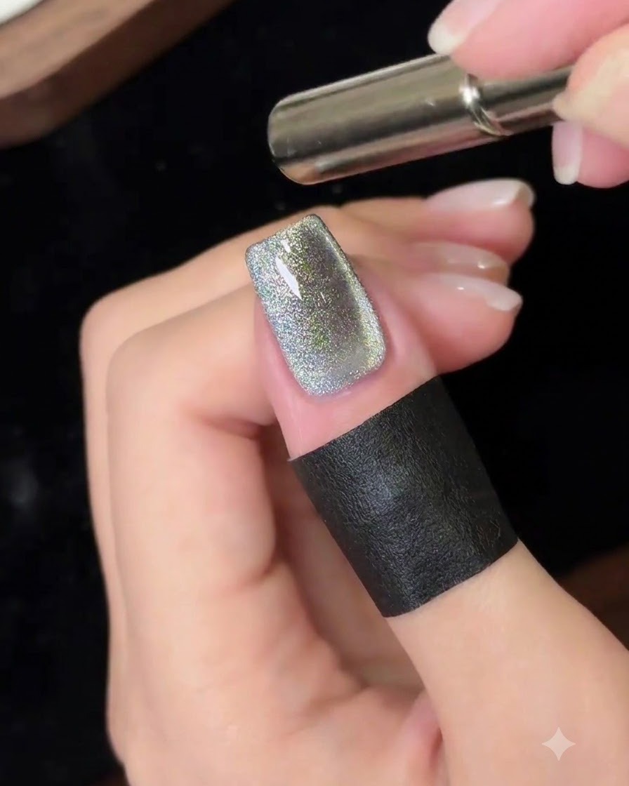 A cylindrical magnet wand held close to a sparkling cat eye gel nail to form a wide stripe.