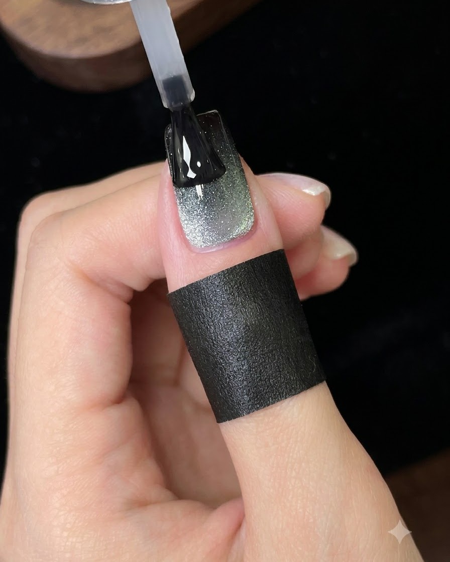 A brush applying a final glossy top coat layer onto the finished galaxy cat eye nail.