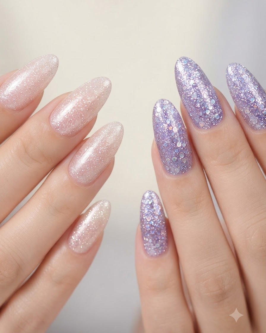 A clear view of both hands showing pink nude glitter and purple glitter nails side by side.