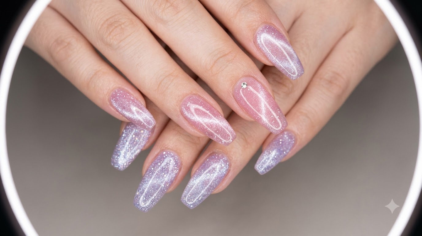 Long coffin-shaped nails featuring pink and lavender shimmering glitter gel polish with translucent enoi cat-eye effects.