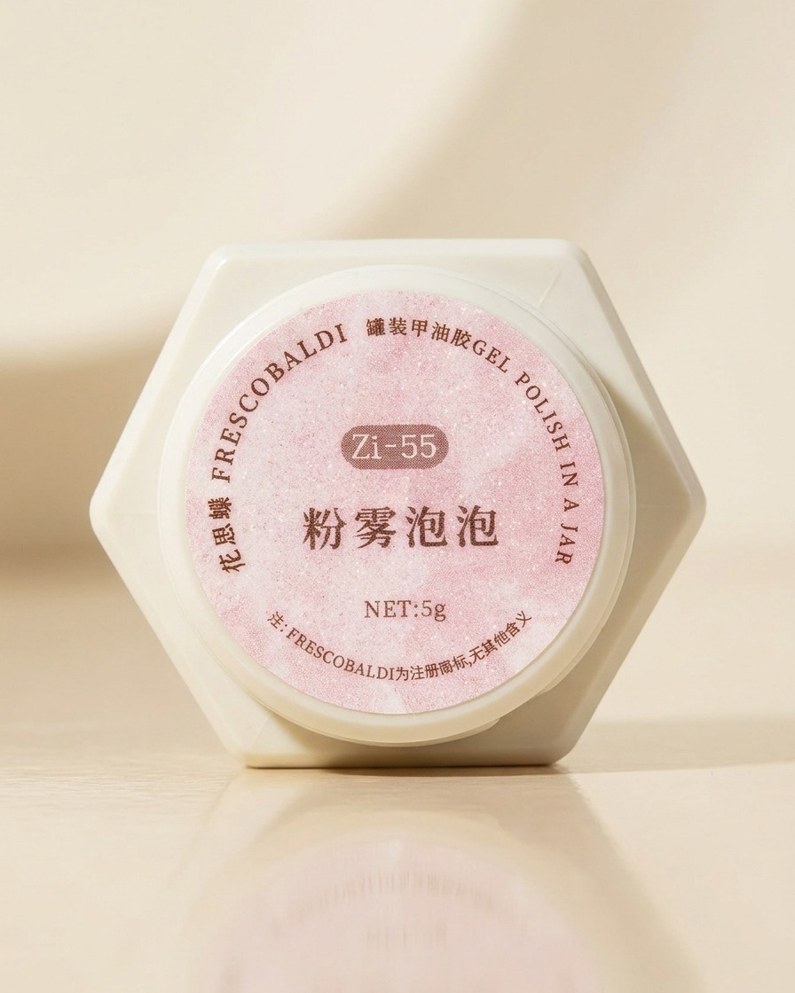 A close-up shot of hands unscrewing a jar of pink and purple shimmer gel polish on a neutral background.
