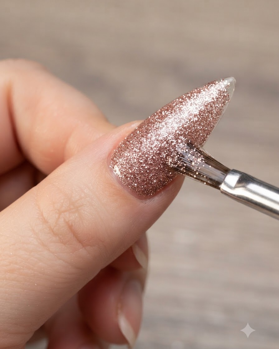 A detailed view of a fine brush applying a glittering gel layer onto a clear almond-shaped nail stand.