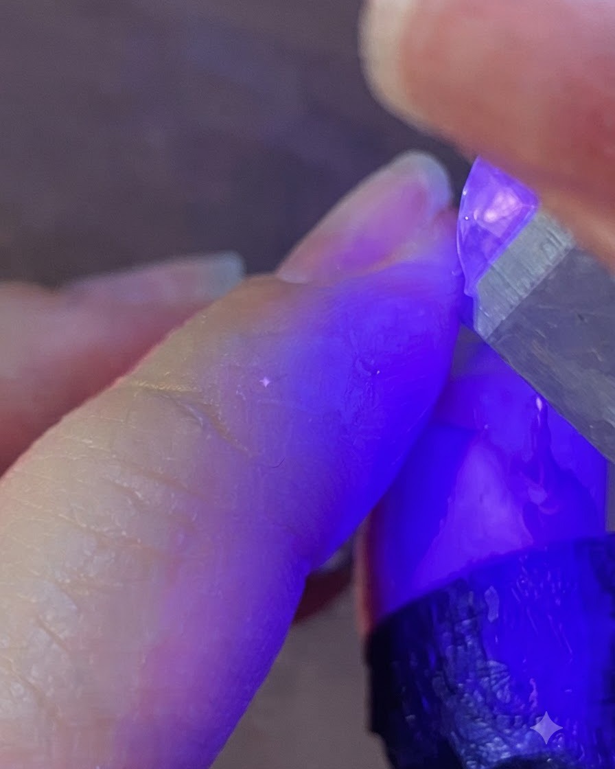 A portable UV LED nail lamp shining purple light over a fingernail to cure the gel.