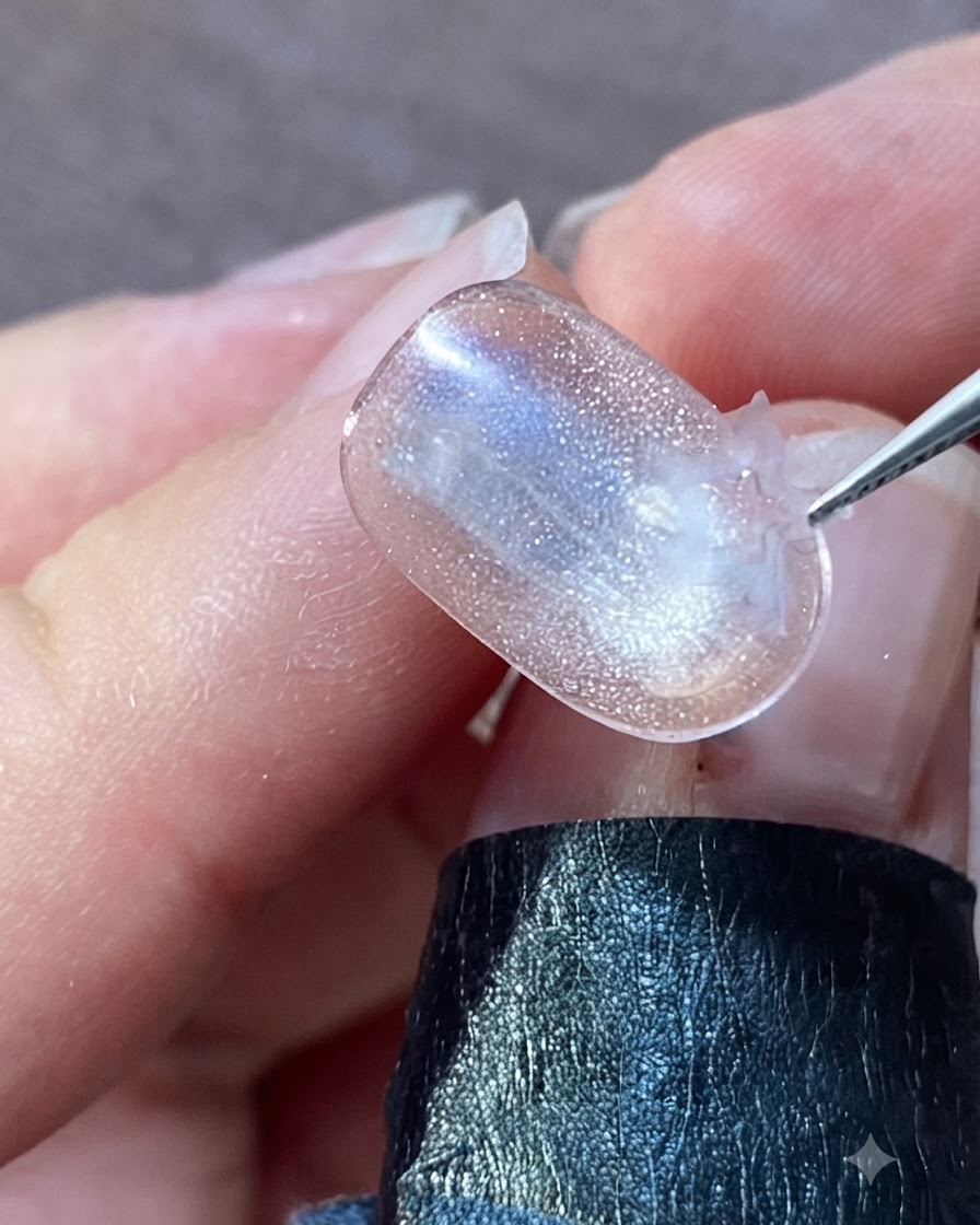 A pair of tweezers positioning a shiny holographic star decal onto the middle of a decorated nail.