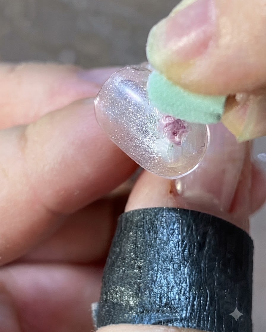 A close-up of a silicone tool pressing down pink gel details on a clear practice nail surface.