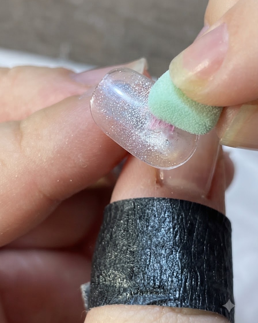 A fine liner brush drawing thin pink lines outward from a center element on a translucent nail tip.