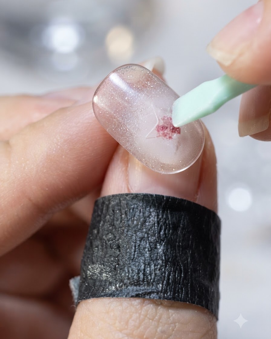 A nail tip being cured under a compact purple UV/LED lamp, casting a bright violet glow.