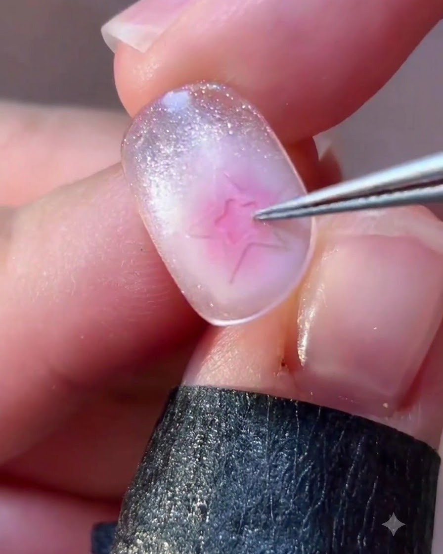 Tweezers precisely adjusting a star-shaped nail art element on a manicured finger.